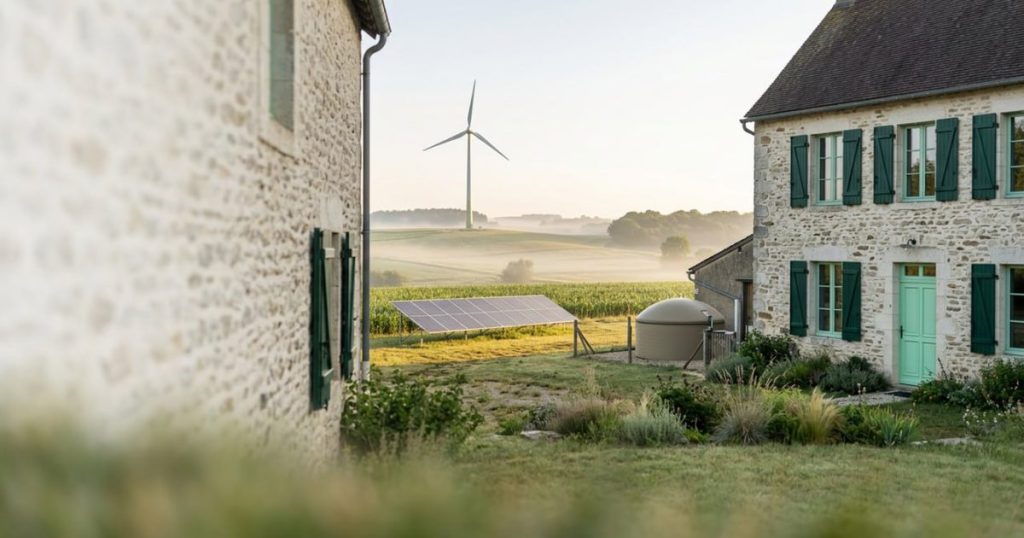 Éoliennes et panneaux solaires près d'une maison, énergie verte